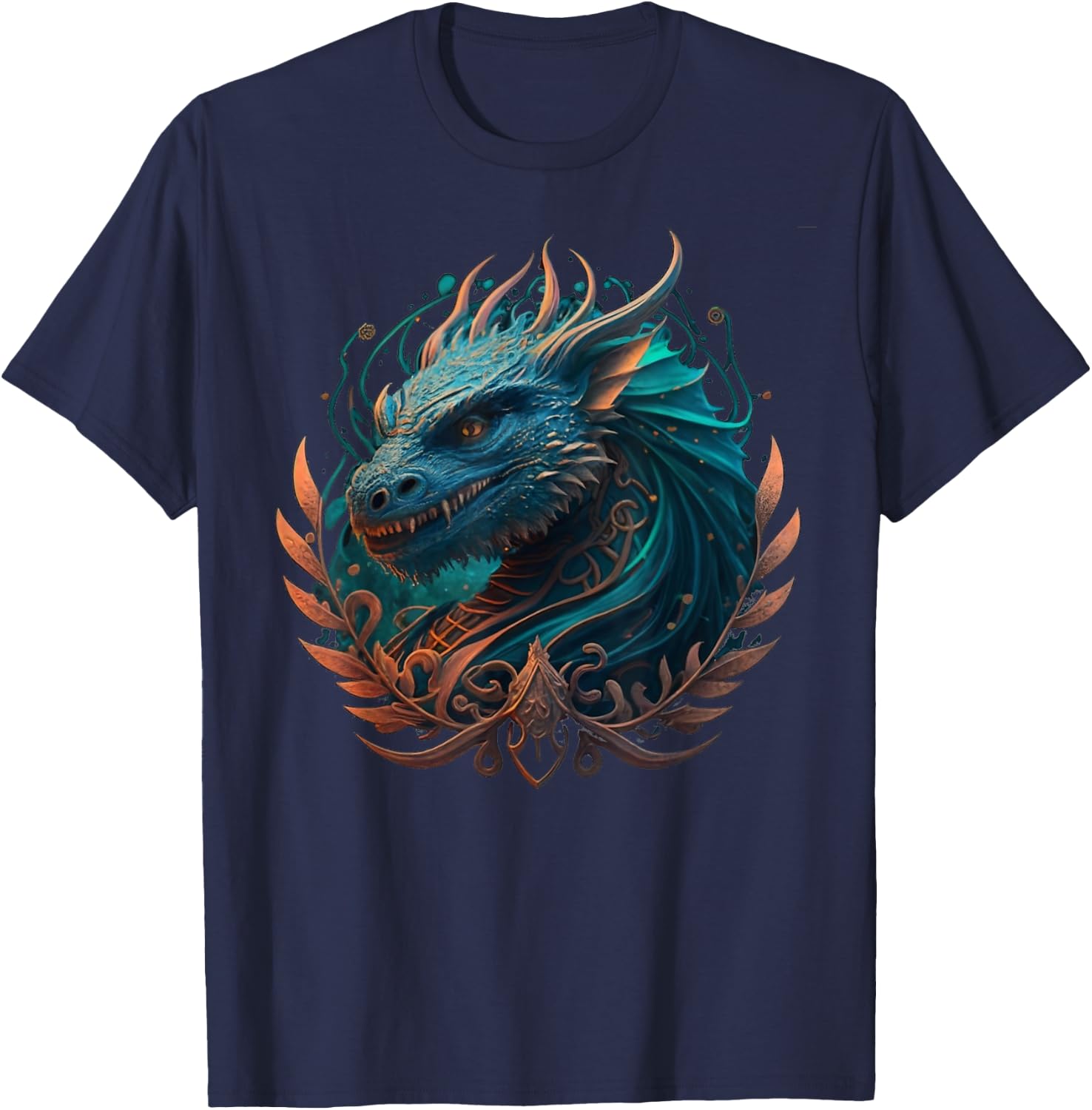 Mystical dragons head with curlicues in turquoise, drawing T-Shirt - T-Shirt | Navy