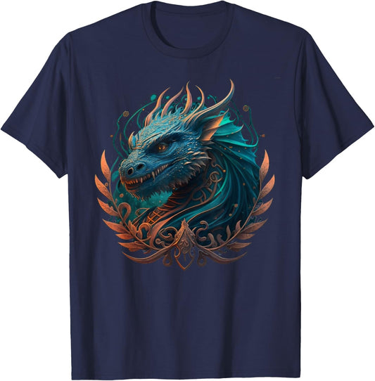 Mystical dragons head with curlicues in turquoise, drawing T-Shirt - T-Shirt | Navy