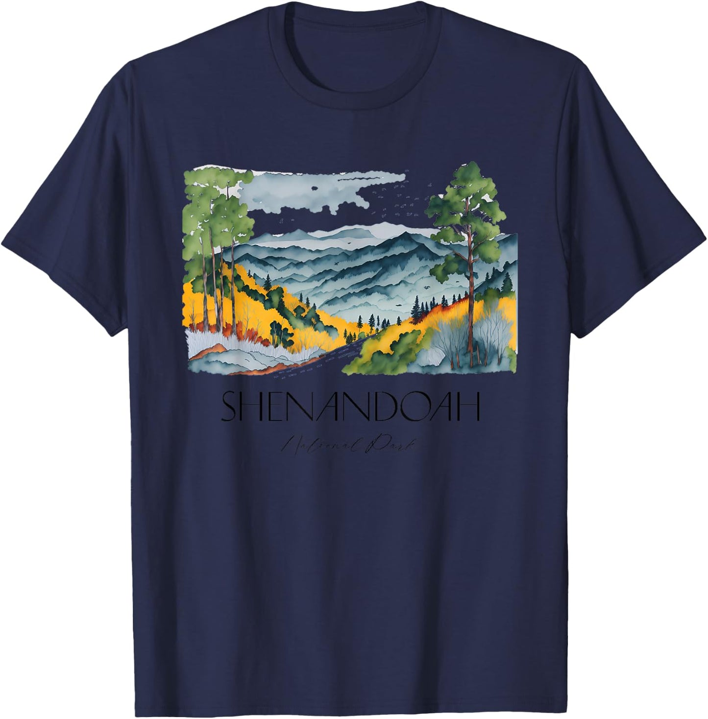 Cool Shenandoah National Park Hiking Watercolor Graphic T-Shirt - T-Shirt | Navy