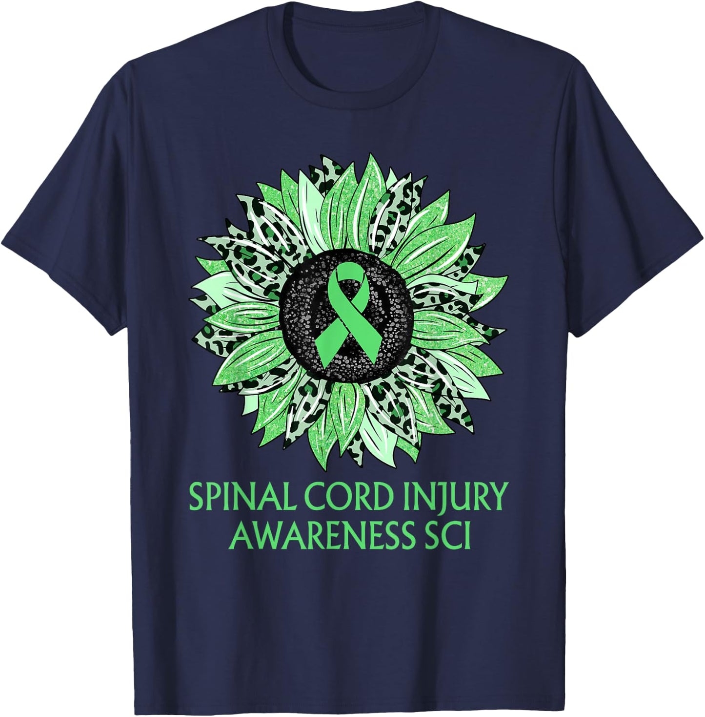 Leopard Sunflower Spinal Cord Injury Awareness SCI Green T-Shirt - T-Shirt | Navy