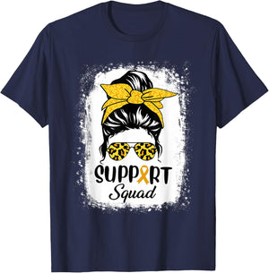 Messy Bun Glasses Support Squad Childhood Cancer Awareness T-Shirt - T-Shirt | Navy