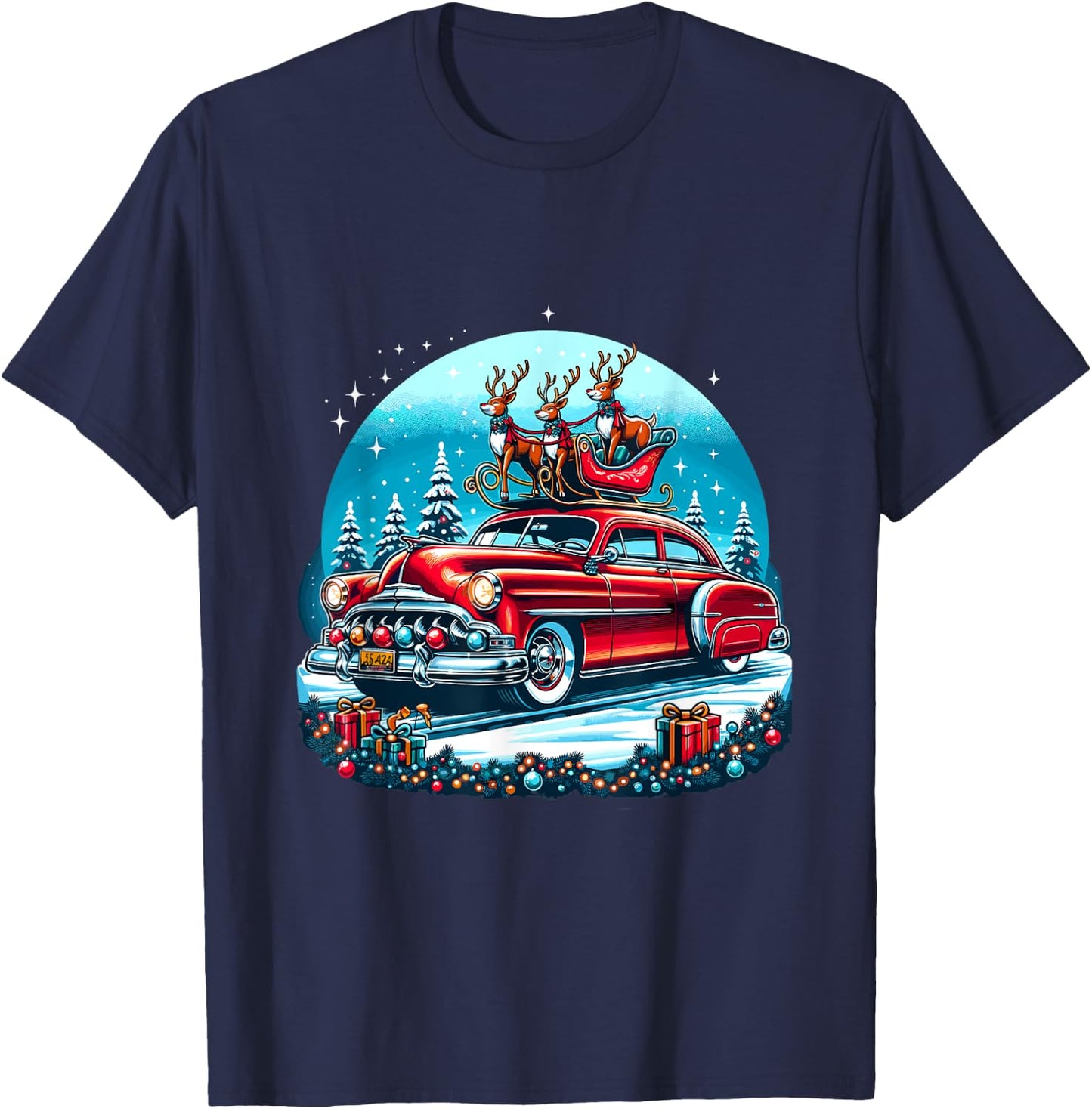 Holiday Roadtrip - Classic Car Christmas Tree T-Shirt - T-Shirt | Navy
