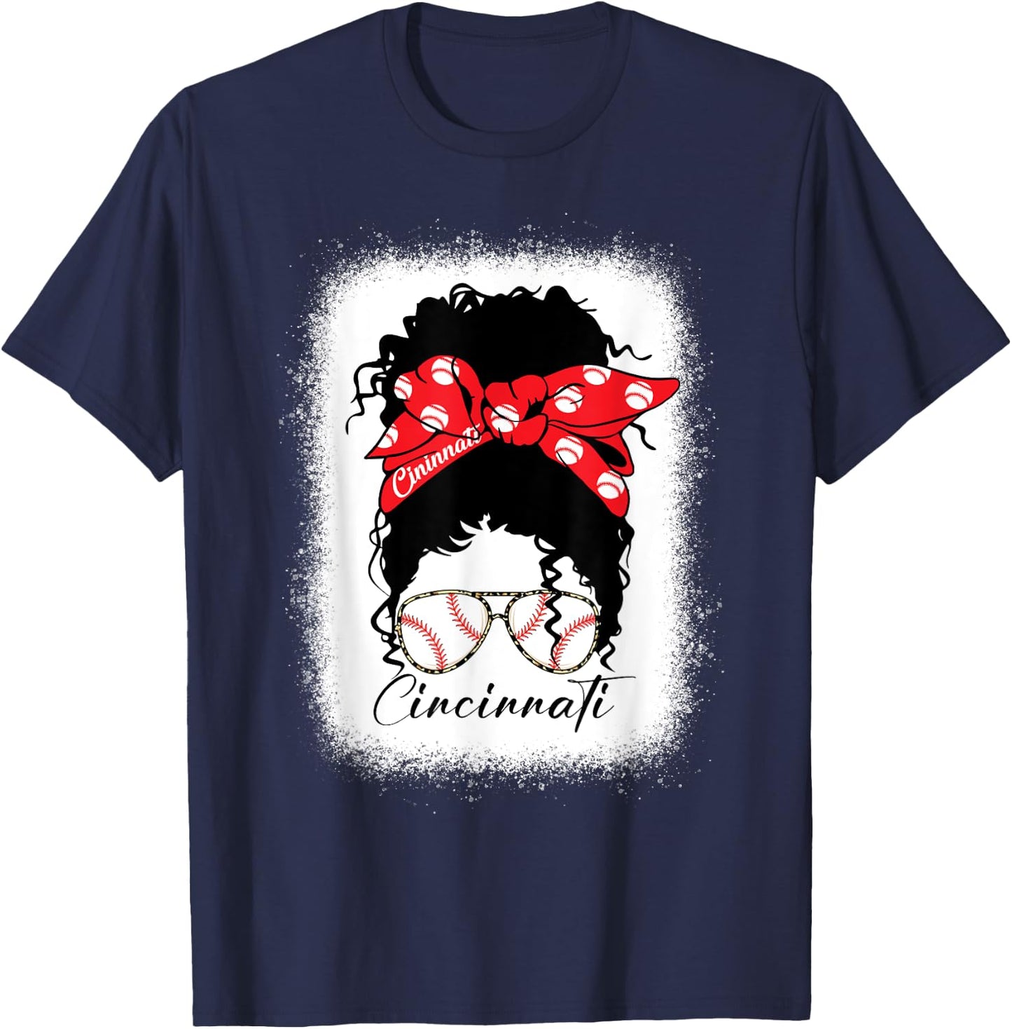 Cincinnati Messy Bun Bleached Baseball Fan I Love Cincinnati T-Shirt - T-Shirt | Navy