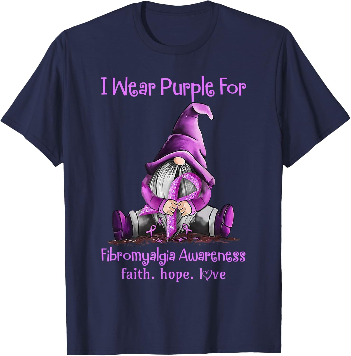 I Wear Purple Gnomes Ribbon Fibromyalgia Awareness T-Shirt - T-Shirt | Navy