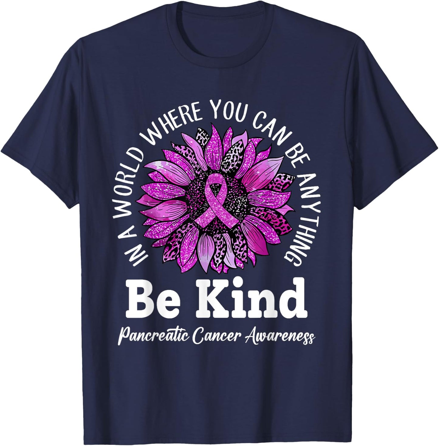Be Kind Sunflower Ribbon Purple Pancreatic Cancer Awareness T-Shirt - T-Shirt | Navy