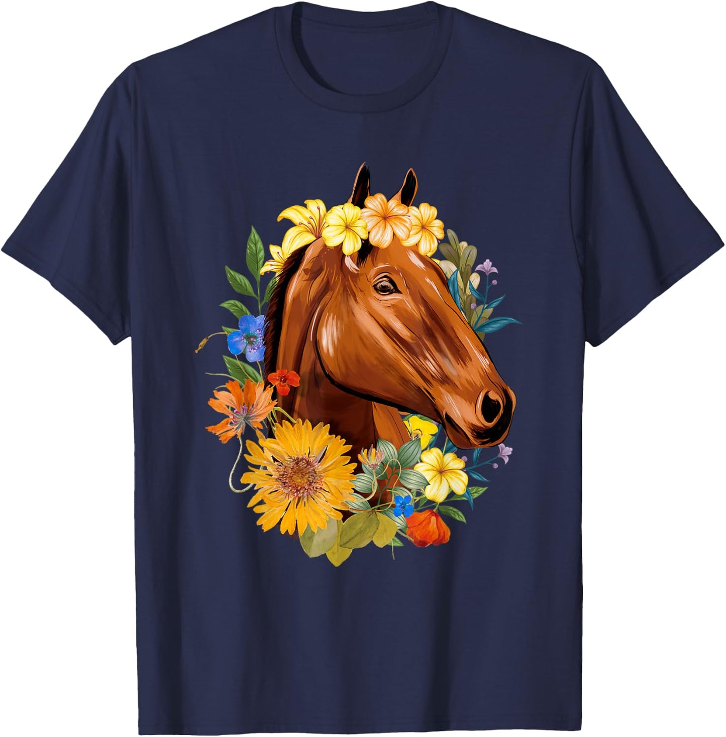 Floral Spring Horses - Animal Horse Rider Equestrian Lover T-Shirt - T-Shirt | Navy