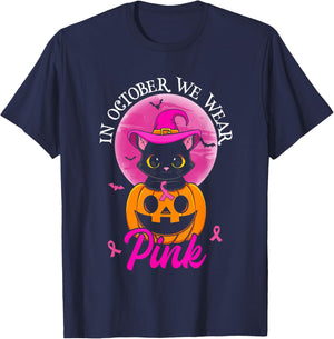 In October We Wear Pink Witch Cat Halloween Breast Cancer Women Girls Kids T-Shirt - T-Shirt | Navy