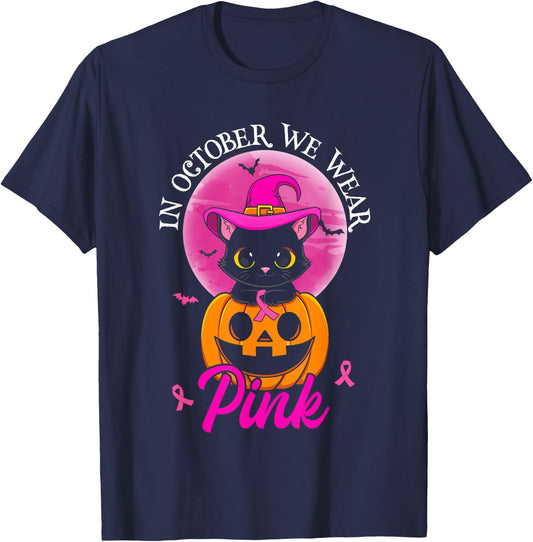 In October We Wear Pink Witch Cat Halloween Breast Cancer Women Girls Kids T-Shirt - T-Shirt | Navy
