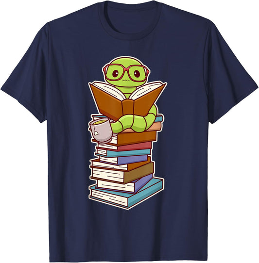 Cute Kawaii Bookworm Reading T-Shirt - T-Shirt | Navy