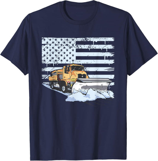 Snow Plow Truck Us Flag Snow Plow Driver T-Shirt - T-Shirt | Navy