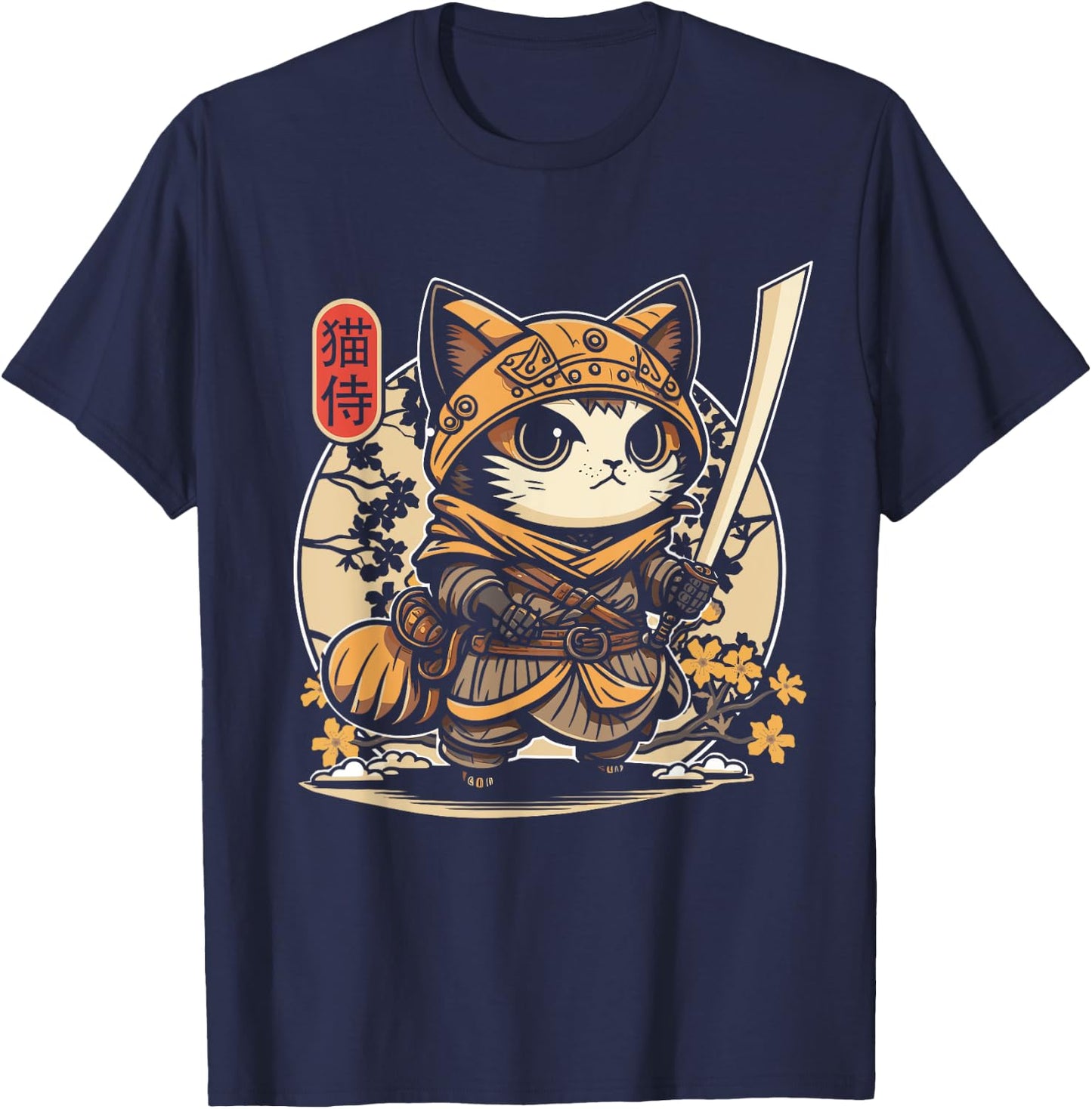 Japanese Samurai Cat Tattoo, Kawaii Ninja Cat T-Shirt - T-Shirt | Navy