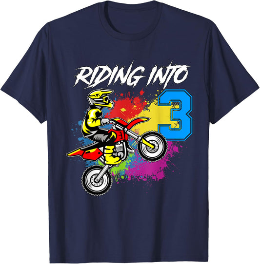 Riding Into 3 Years Old | 3rd Birthday Boy Dirt Bike Party T-Shirt - T-Shirt | Navy