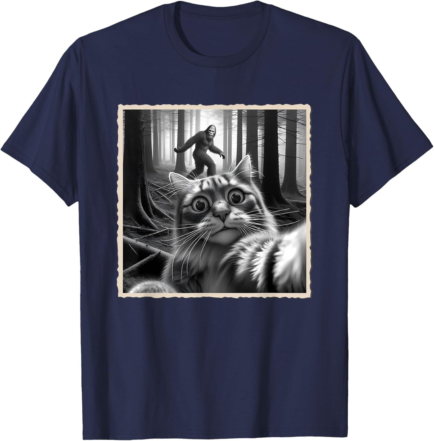 Funny Cat Selfie with Bigfoot, Sasquatch & Humor, Funny Cat T-Shirt - T-Shirt | Navy