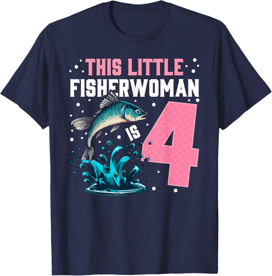 Fishing 4th birthday girl This little Fisher woman is 4 T-Shirt - T-Shirt | Navy