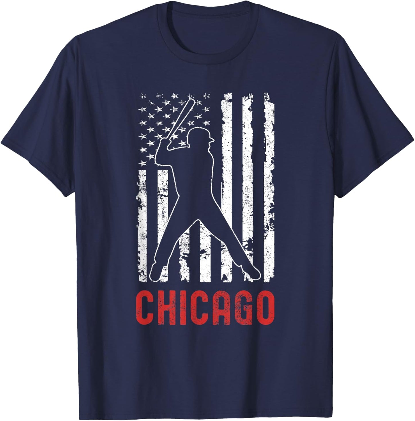 Chicago Illinois American Flag Baseball Weathered T-Shirt - T-Shirt | Navy