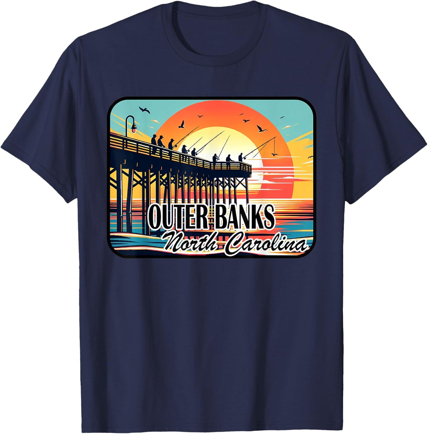 Outer Banks North Carolina Pier Fishing at Dawn Design T-Shirt - T-Shirt | Navy