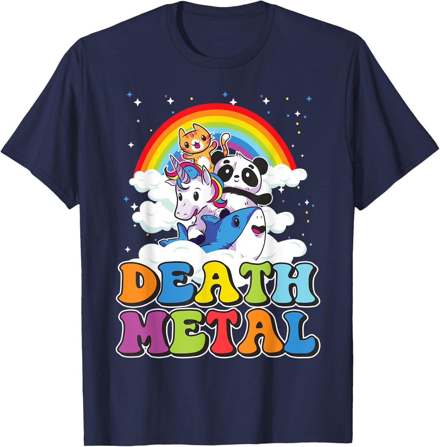 Retro Death Metal Cat Rainbow Unicorn Funny Heavy Metal T-Shirt - T-Shirt | Navy