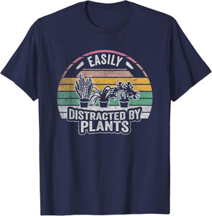 Retro Vintage Easily Distracted By Plants Gardening T-Shirt - T-Shirt | Navy
