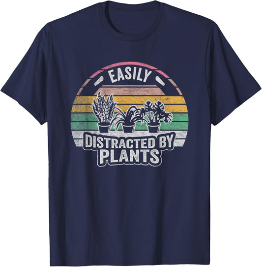 Retro Vintage Easily Distracted By Plants Gardening T-Shirt - T-Shirt | Navy