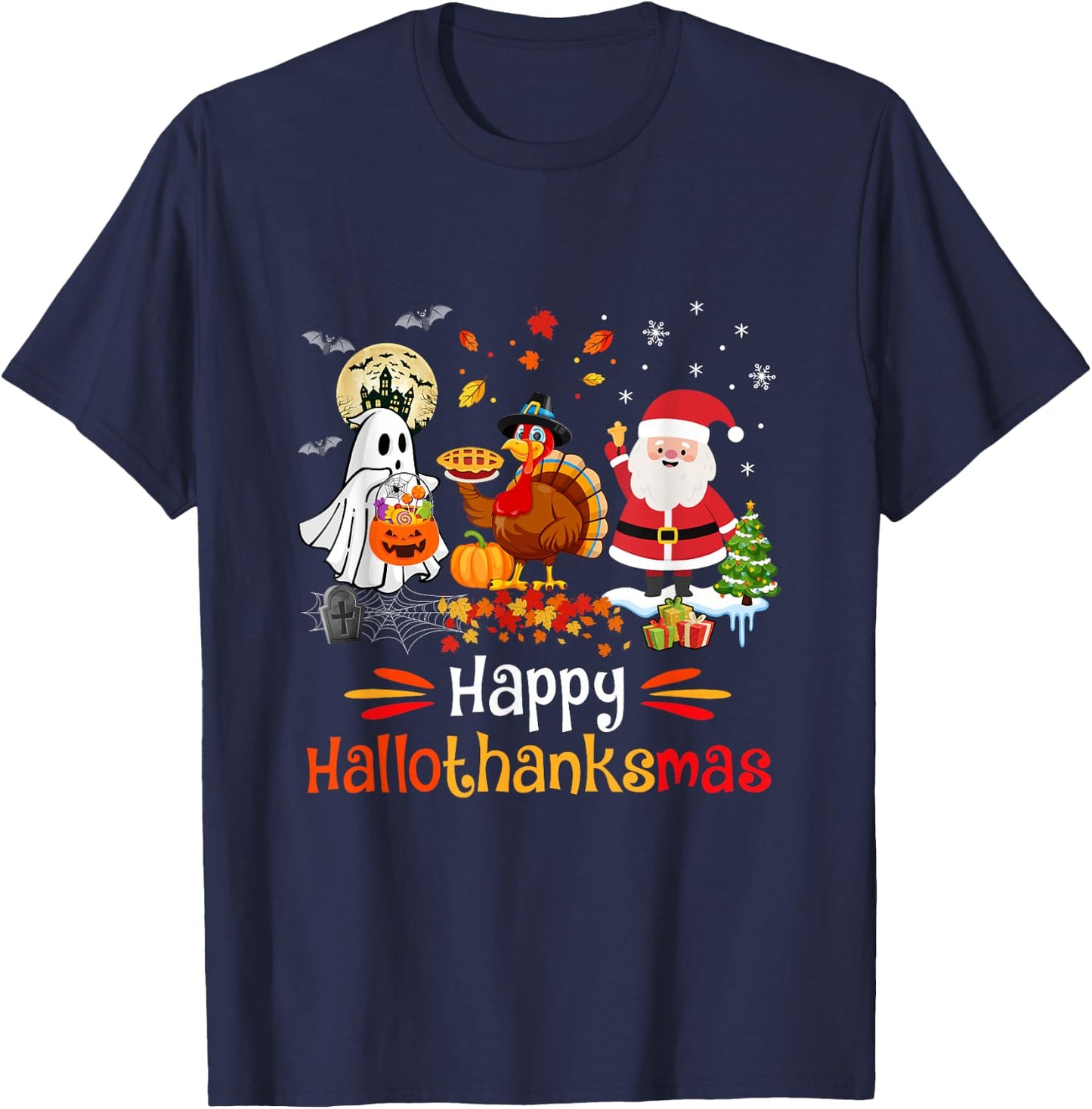 Happy Hallothanksmas Ghost Turkey Pumpkin Christmas Santa T-Shirt - T-Shirt | Navy