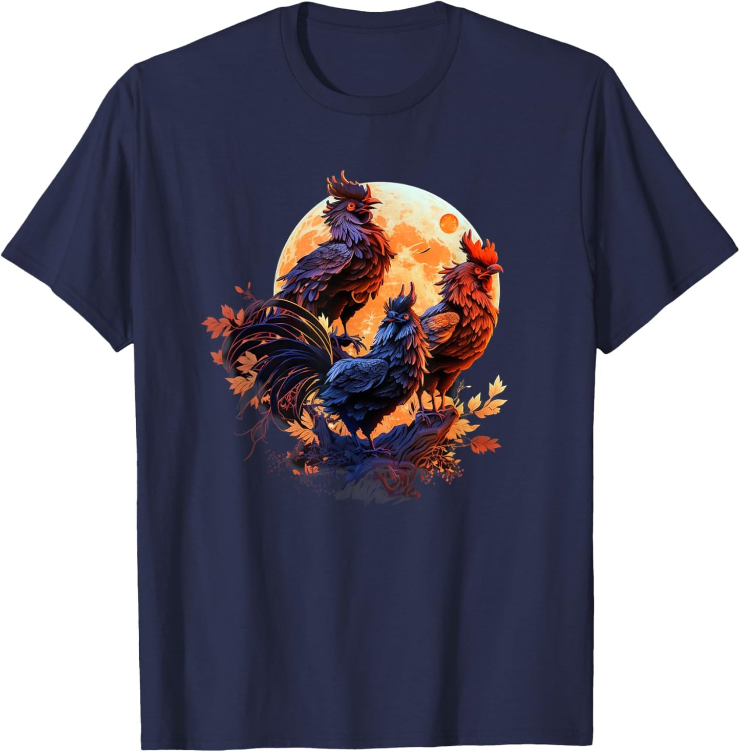 Aesthetic Rooster Howling At Moon T-Shirt - T-Shirt | Navy