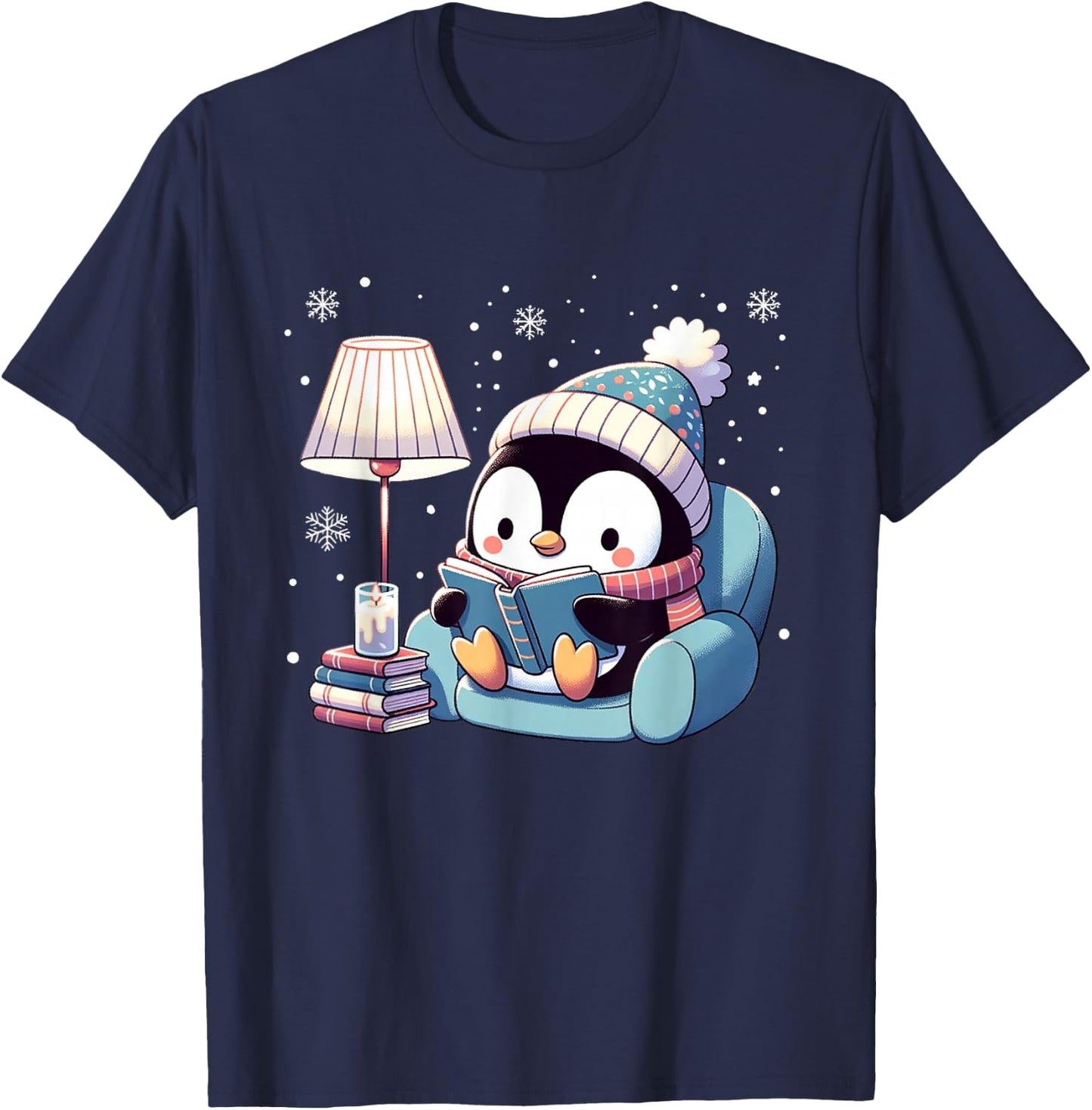 Cute Penguin Reading Kids Women Men Boys T-Shirt - T-Shirt | Navy