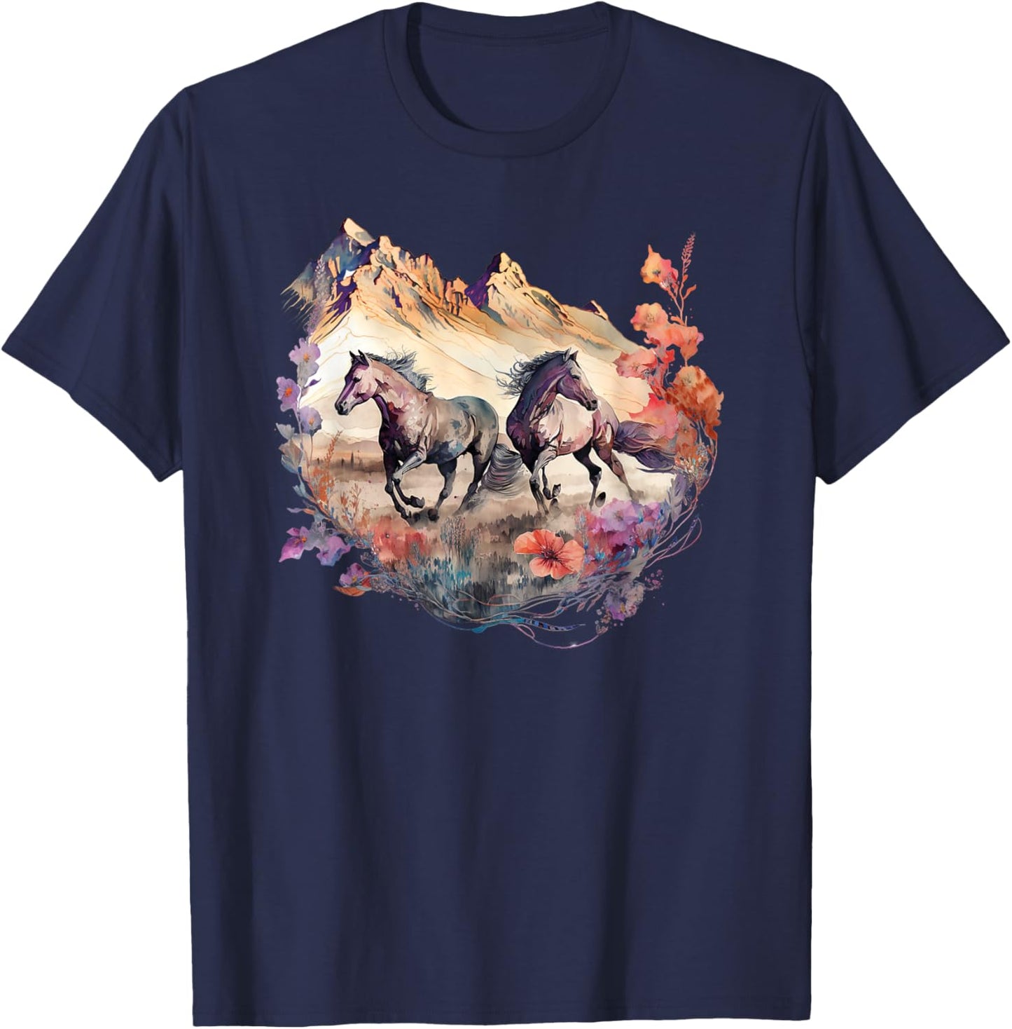 Horses Flowers Mountain Boho Western Southern Cowgirl T-Shirt - T-Shirt | Navy
