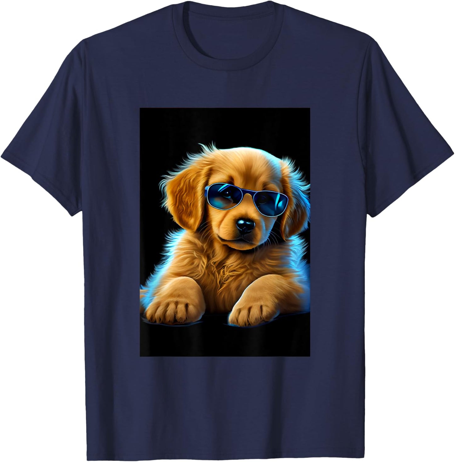 Cute Adorable Golden Retriever Puppy Sunglasses Digital Art T-Shirt - T-Shirt | Navy
