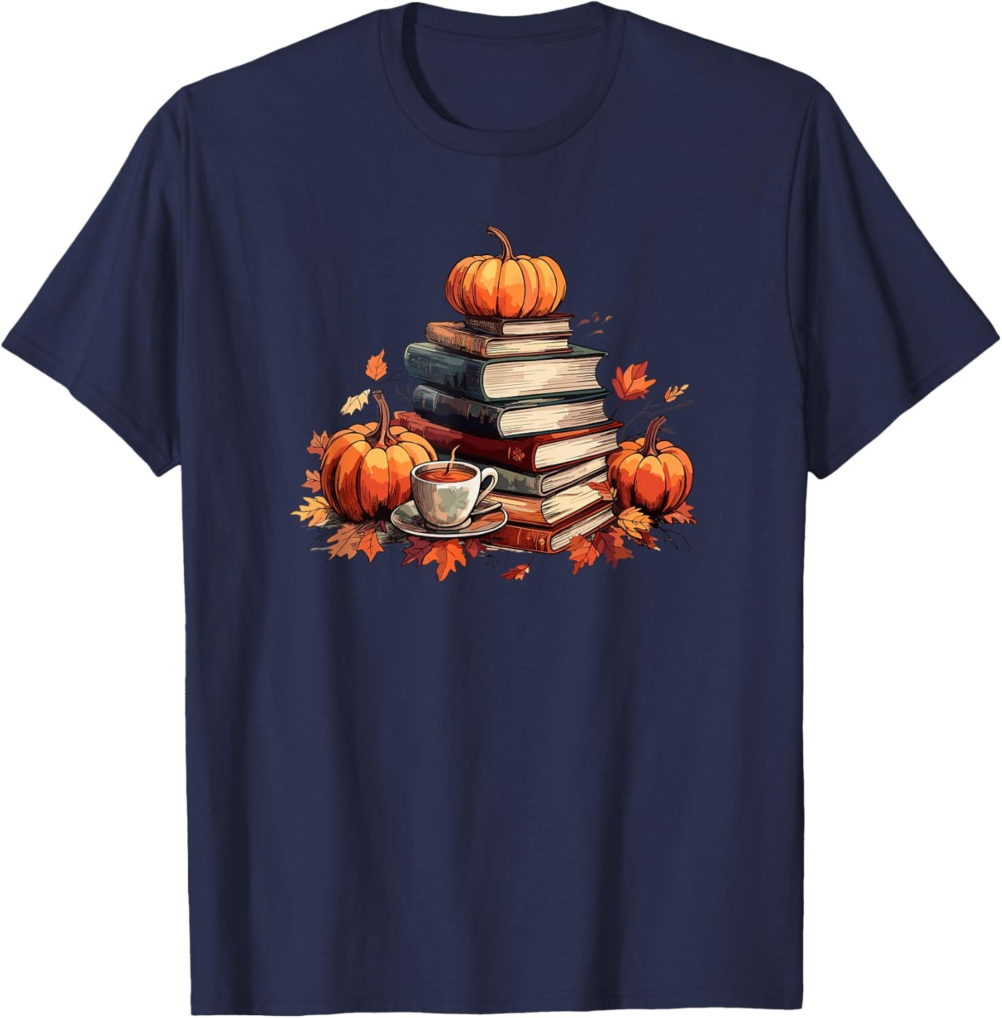 Books Coffee Fall Leaves and Pumpkins Vintage Library T-Shirt - T-Shirt | Navy