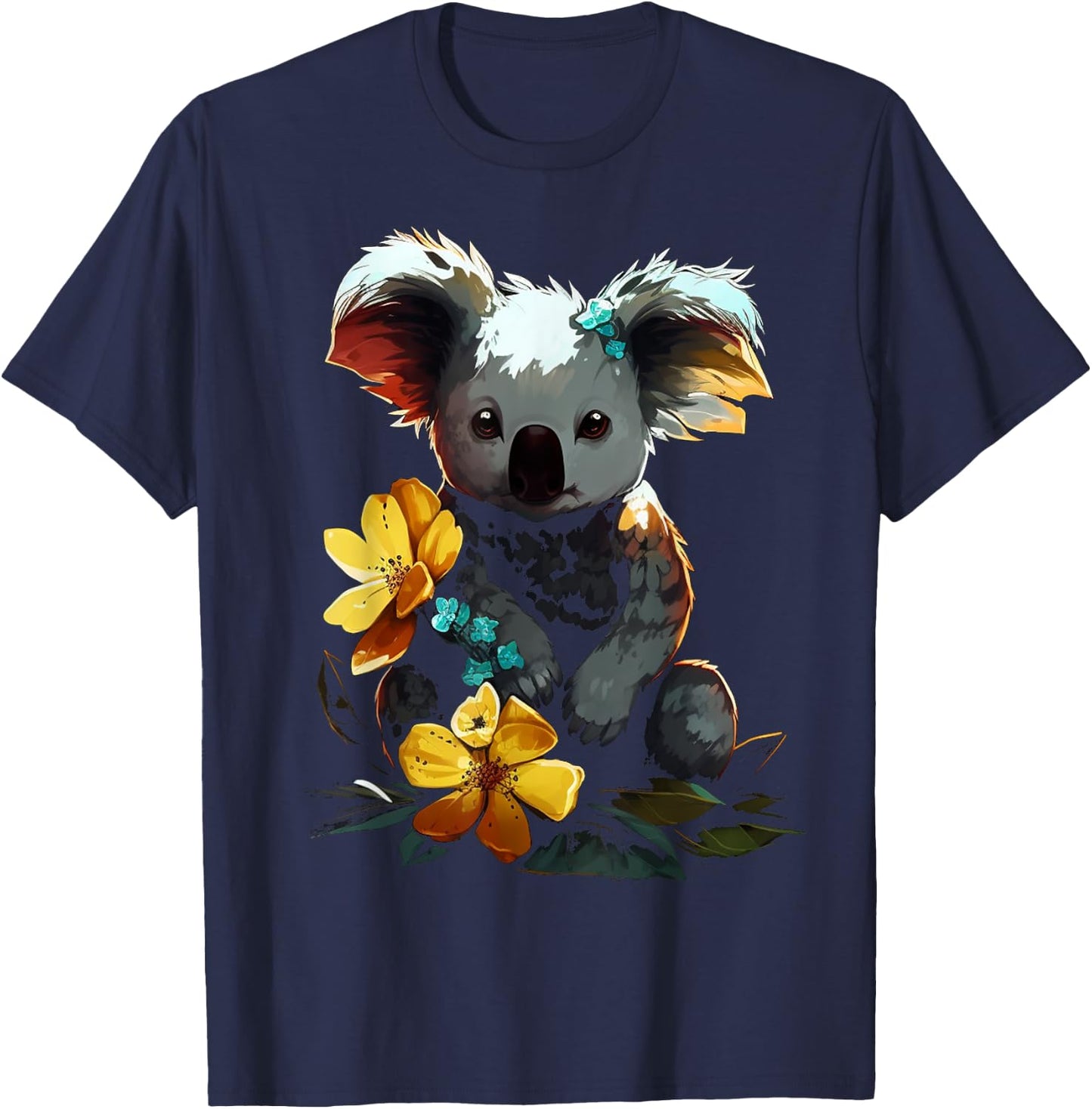 Koala Artwork - Flowers Animal Motif Art Koala T-Shirt - T-Shirt | Navy