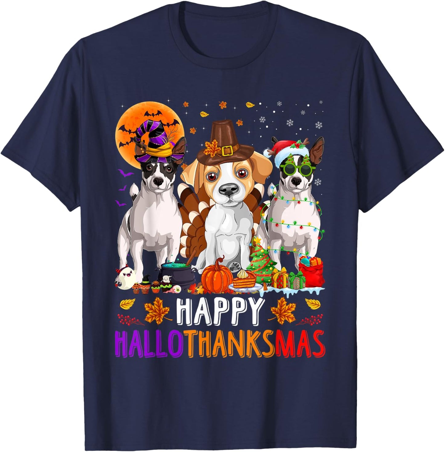 Happy Hallothanksmas Jack Russell Terrier Dog Halloween Xmas T-Shirt - T-Shirt | Navy