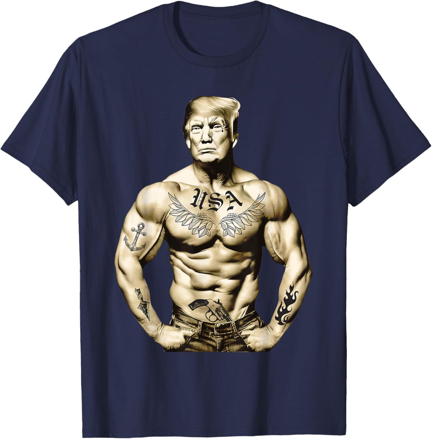 Funny Donald Trump Muscle Workout Tattoo Supporter 2024 T-Shirt - T-Shirt | Navy