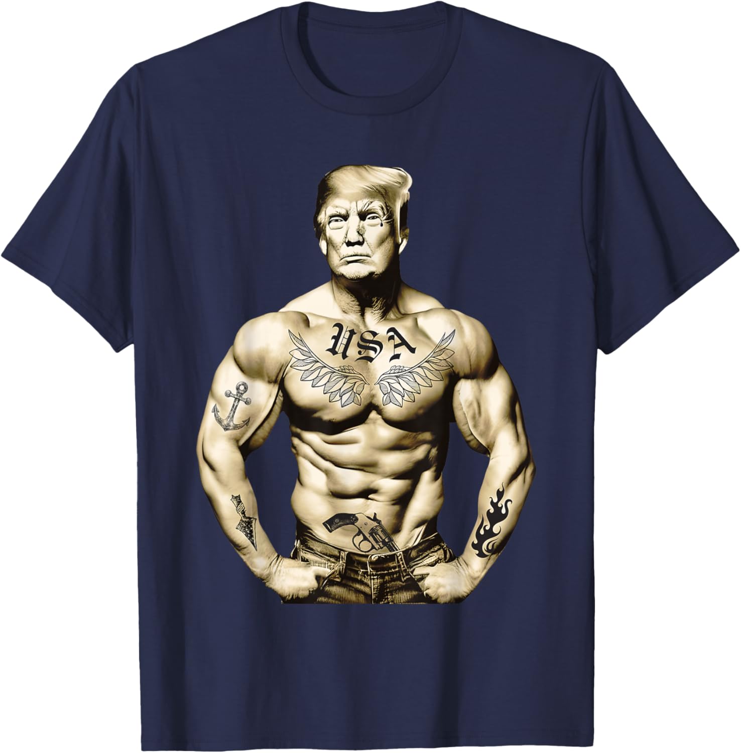 Funny Donald Trump Muscle Workout Tattoo Supporter 2024 T-Shirt - T-Shirt | Navy