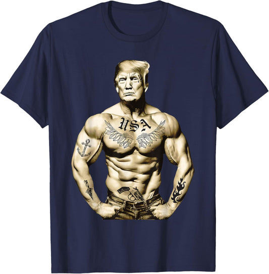 Funny Donald Trump Muscle Workout Tattoo Supporter 2024 T-Shirt - T-Shirt | Navy