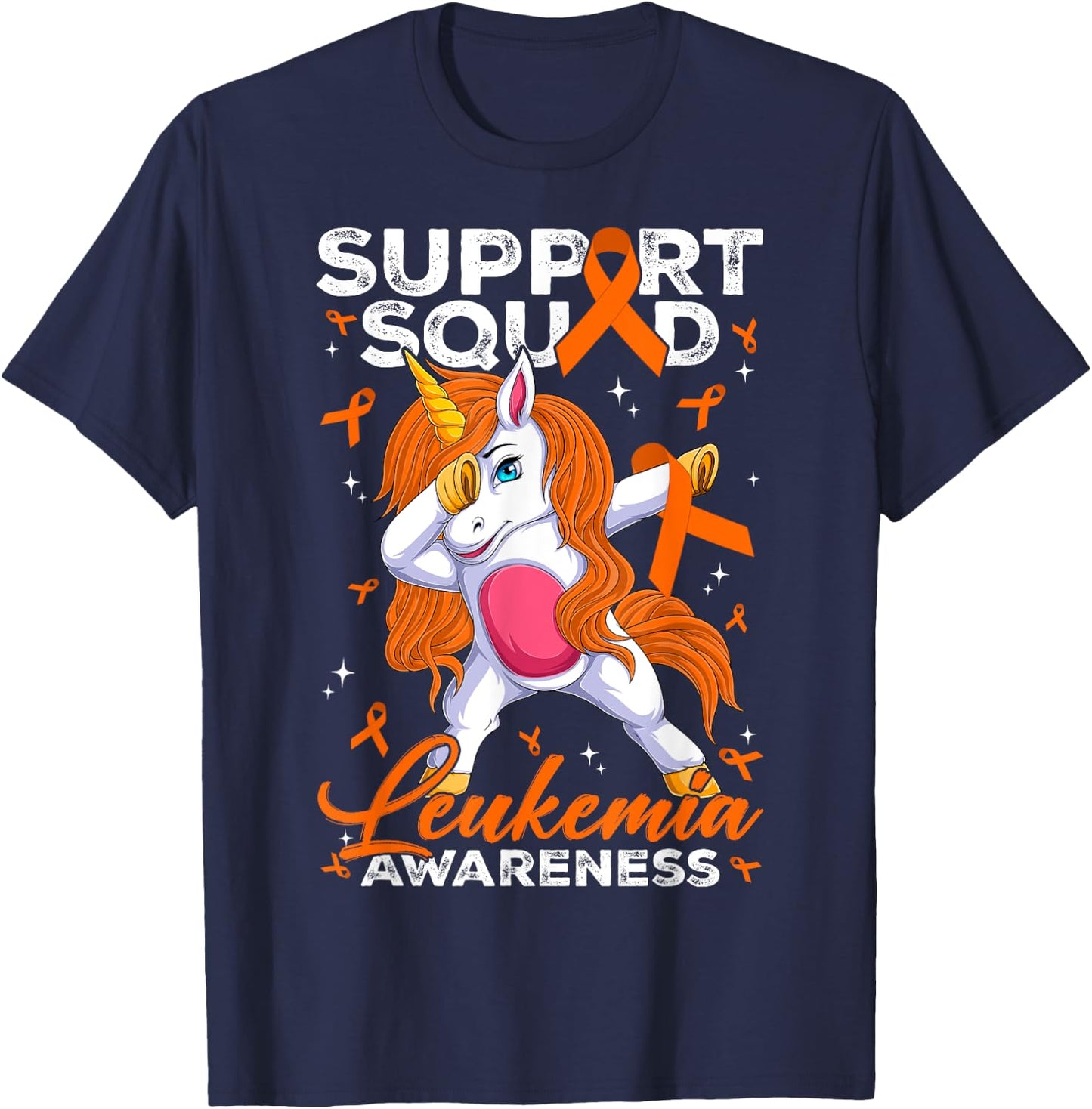 Support Squad Leukemia Awareness Unicorn With Orange Ribbon T-Shirt - T-Shirt | Navy
