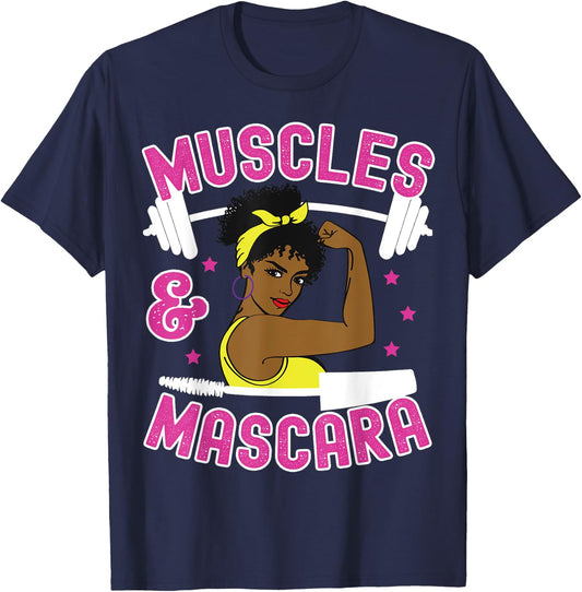 Muscles and Mascara Female Weight Lifter Gym Work Out Funny T-Shirt - T-Shirt | Navy