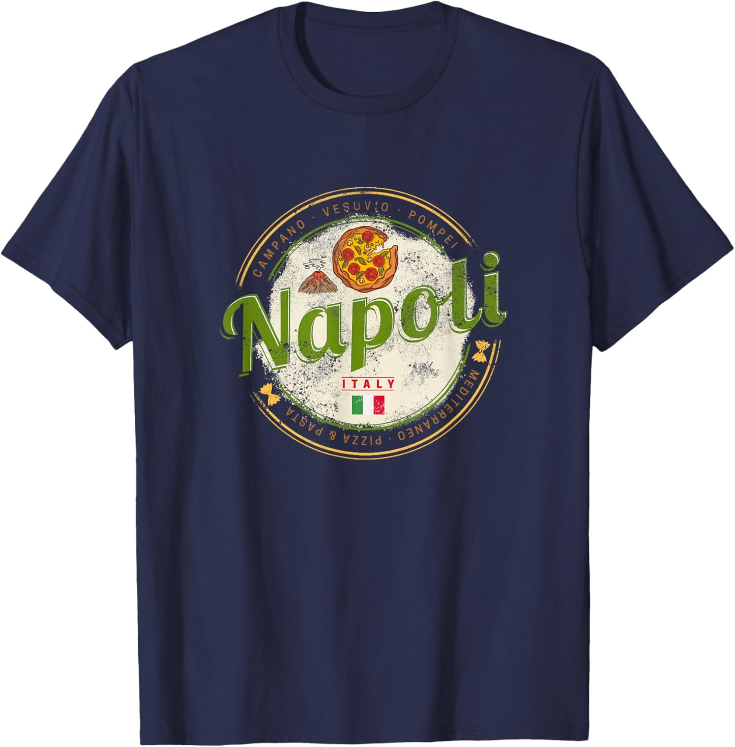 Naples Italy with Vesuvius and Pizza Vintage Souvenir T-Shirt - T-Shirt | Navy