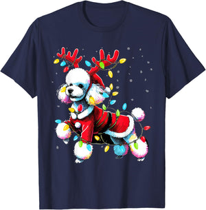Poodle Santa Christmas Tree Lights, Funny Ugly Pajama Women T-Shirt - T-Shirt | Navy