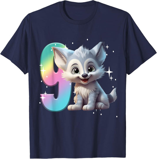 9th Birthday Wolf Shirt Birthday Girl Outfit Wolves 9 Nine T-Shirt - T-Shirt | Navy