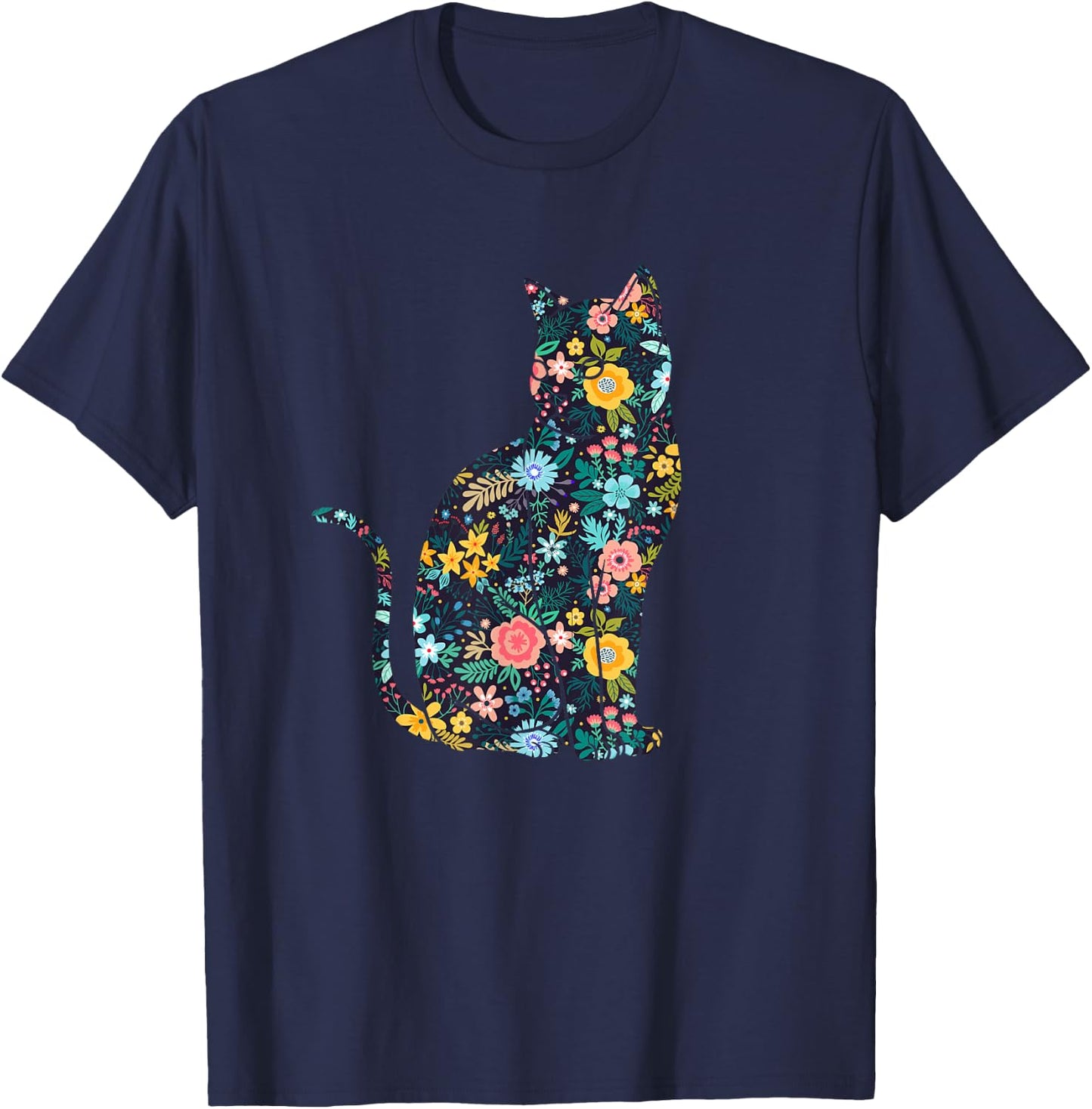 Floral Cat Silhouette Girls Graphic T-Shirt - T-Shirt | Navy