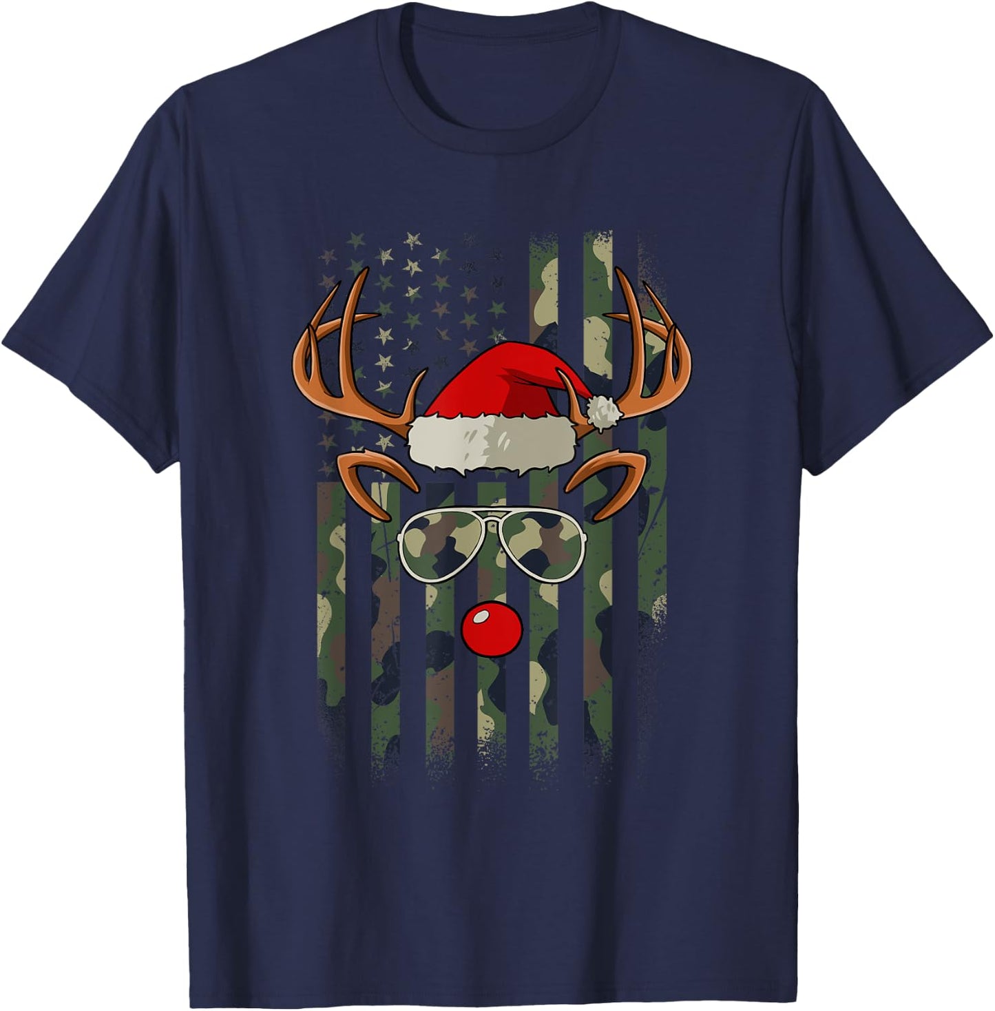 Reindeer Camo American Flag Christmas Pajama X-Mas Veteran T-Shirt - T-Shirt | Navy