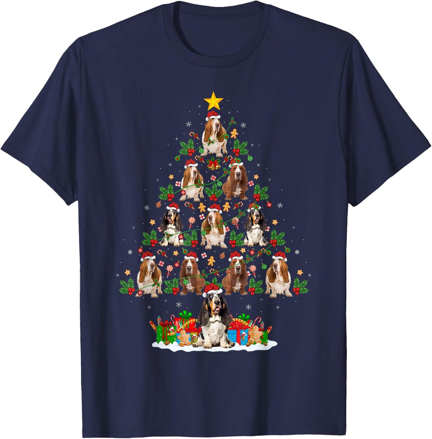 Lighting Xmas Holiday Santa Basset Hound Dog Christmas Tree T-Shirt - T-Shirt | Navy