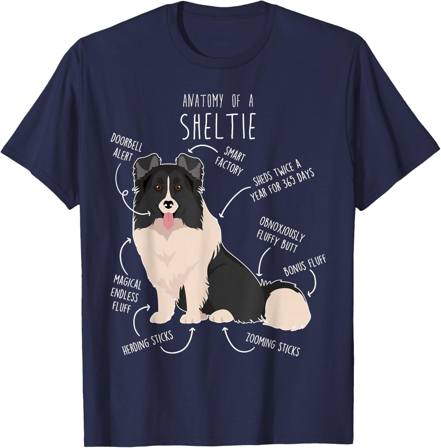Bi Black Sheltie Shetland Sheepdog Anatomy, Funny Cute Pet Men Women Girls Kids T-Shirt - T-Shirt | Navy