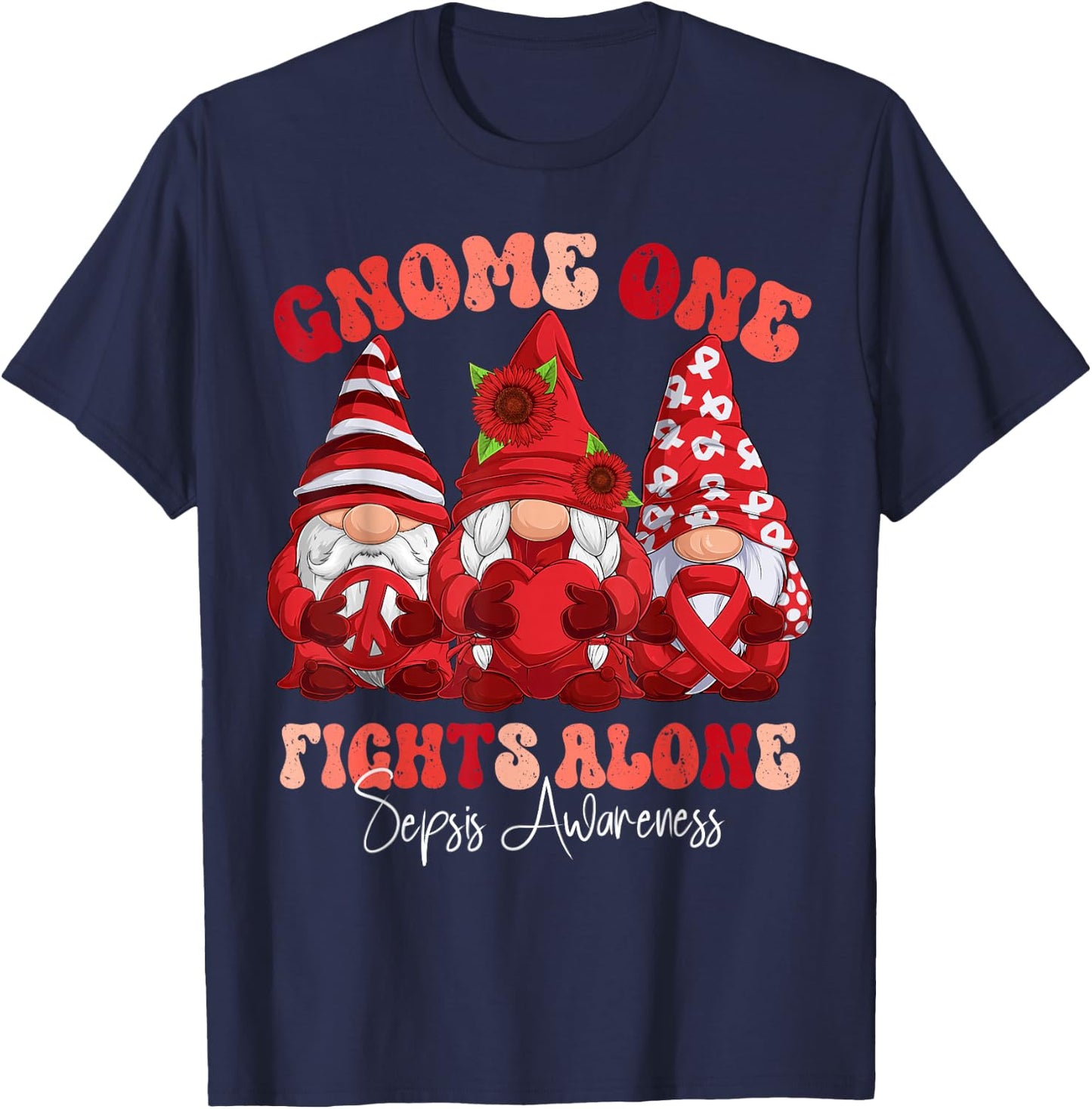Sepsis Awareness Month Red Ribbon Gnomies T-Shirt - T-Shirt | Navy