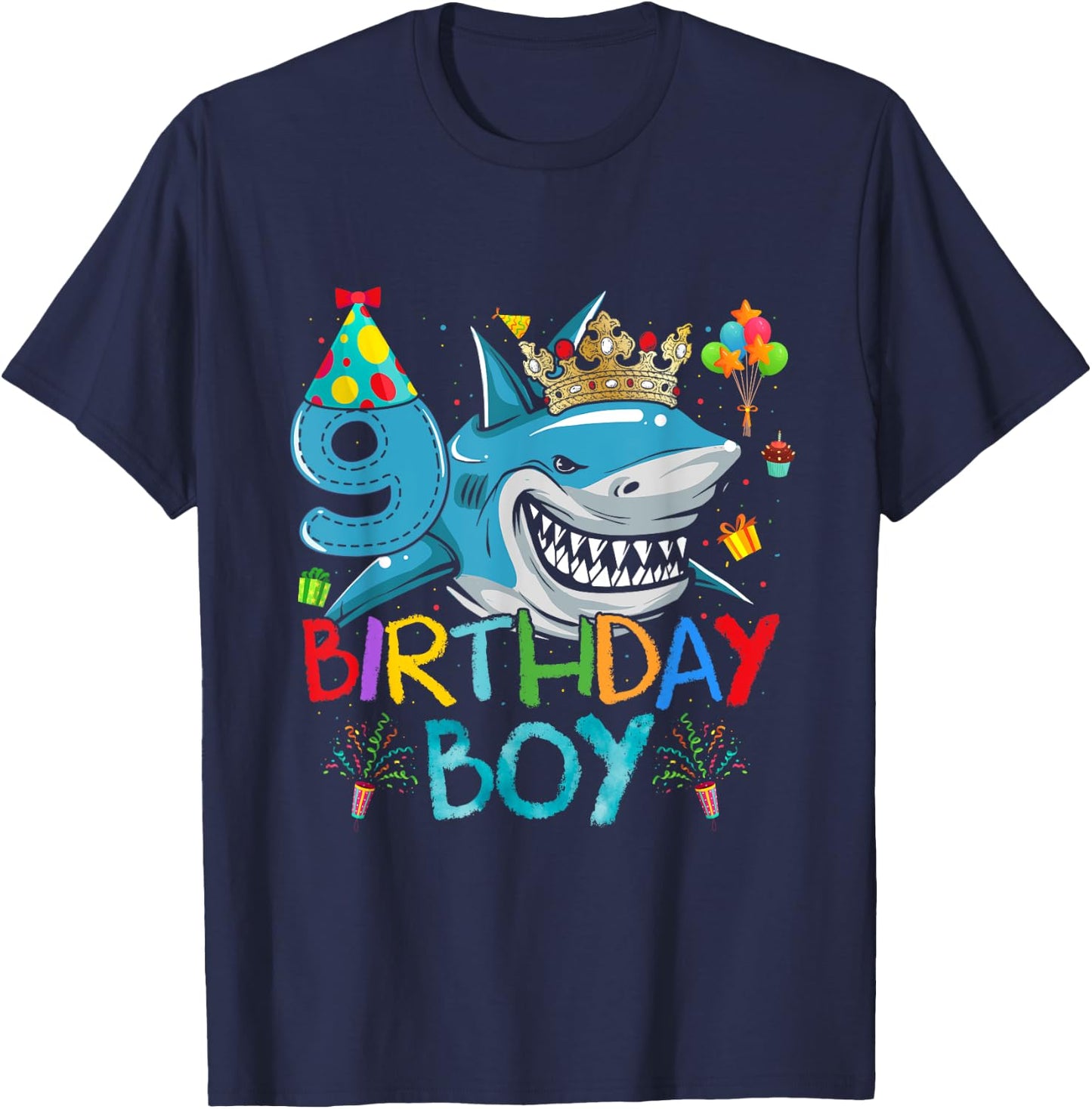9th Birthday Shark Ocean Theme Party 9 Years Old For Boy T-Shirt - T-Shirt | Navy