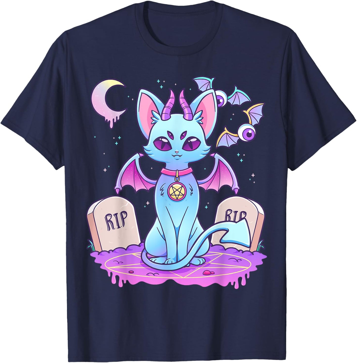 Pastel Goth Creepy Pentagram Cat Kawaii Emo Kitten Nu Goth Men Women Girls Kids T-Shirt - T-Shirt | Navy