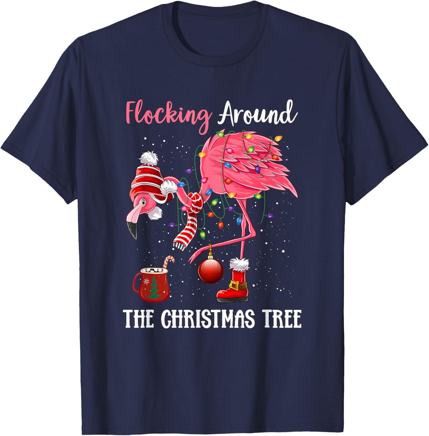 Flocking Around The Christmas Tree Xmas Pjs Pink Flamingo T-Shirt - T-Shirt | Navy