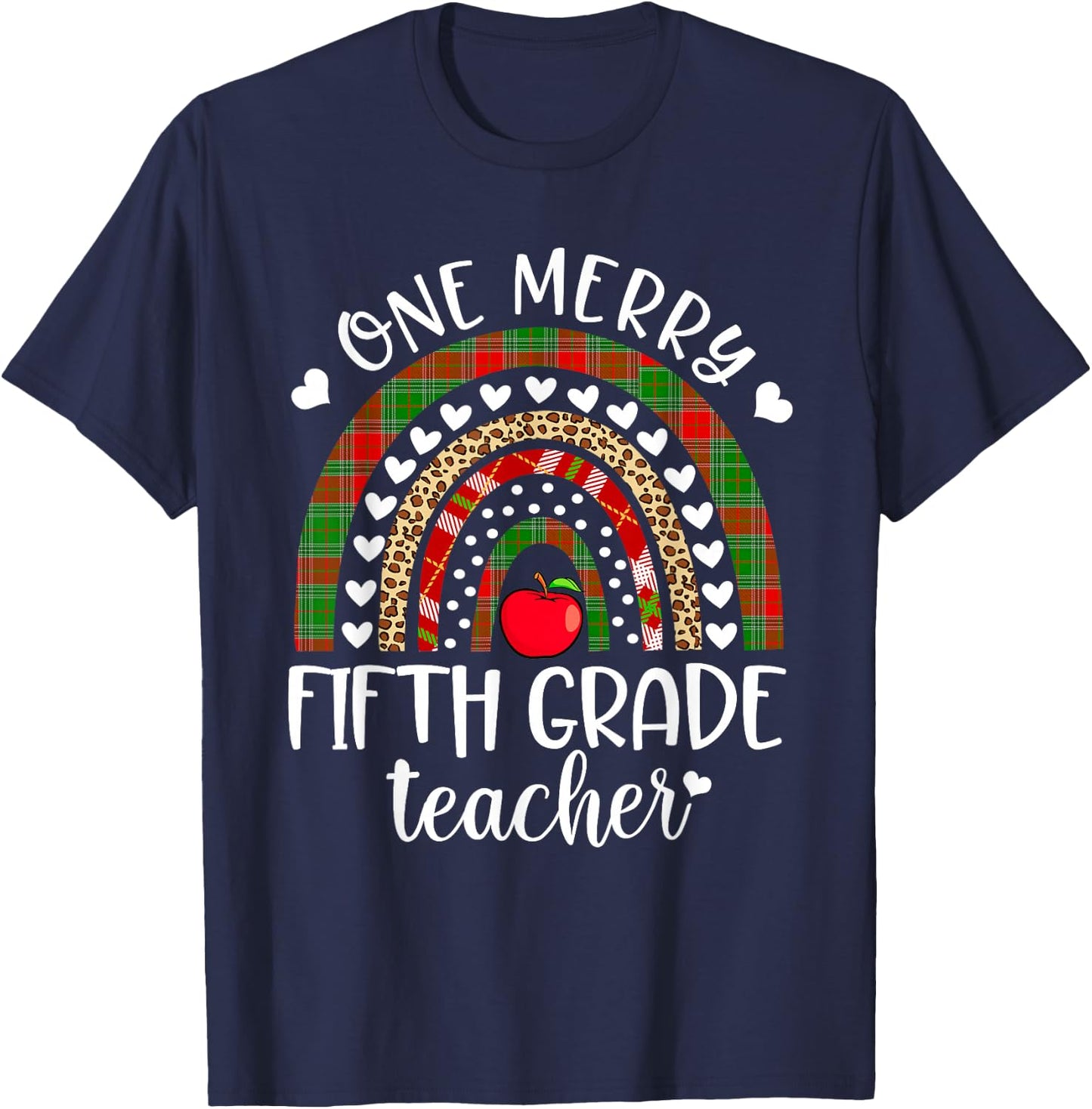 One Merry Fifth Grade Teacher Christmas Rainbow Leopard Xmas T-Shirt - T-Shirt | Navy