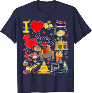 Thai hand drawn landmarks, Thailand map, Culture icons T-Shirt - T-Shirt | Navy