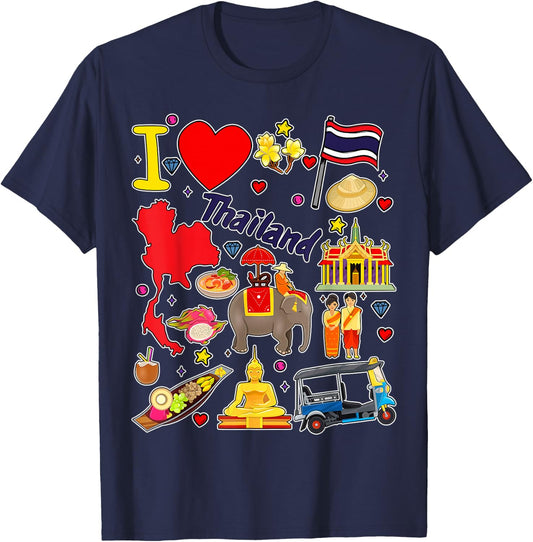 Thai hand drawn landmarks, Thailand map, Culture icons T-Shirt - T-Shirt | Navy